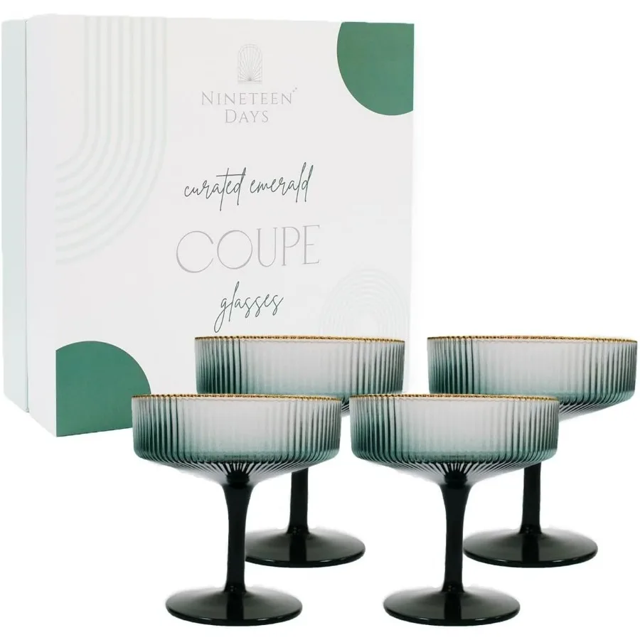 

Набор очков Green Coupe из 4 очков с золотой оправой (8 унций) Очки Art Deco Coupe, подарочная коробка для коктейлей Мартини в рубчик, Vint