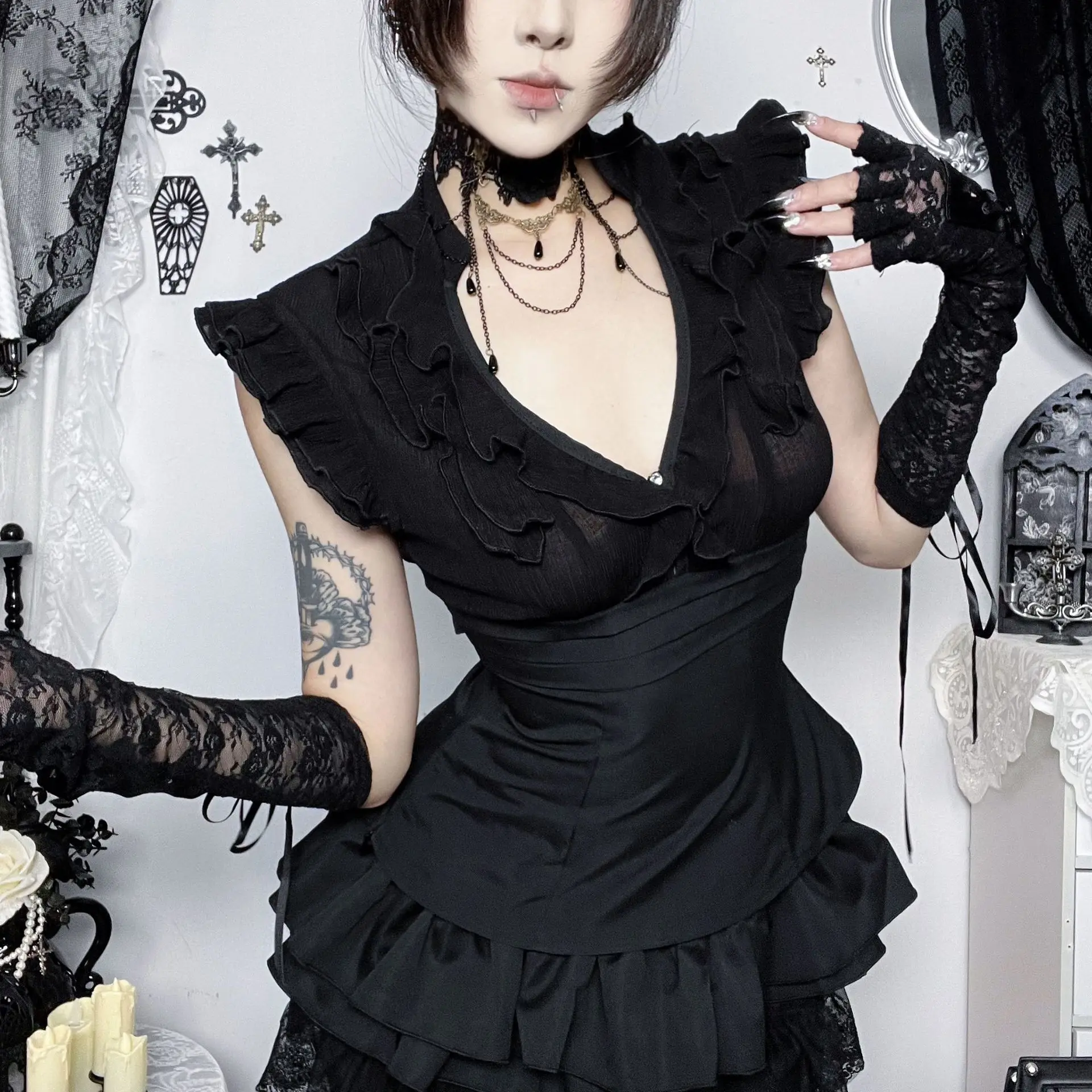 2026 New Women Sleeveless Ruffle V Neck Corset Top Sheer Mesh Front Zip Fitted Peplum Waist Vintage Slim Black Blouse Streetwear