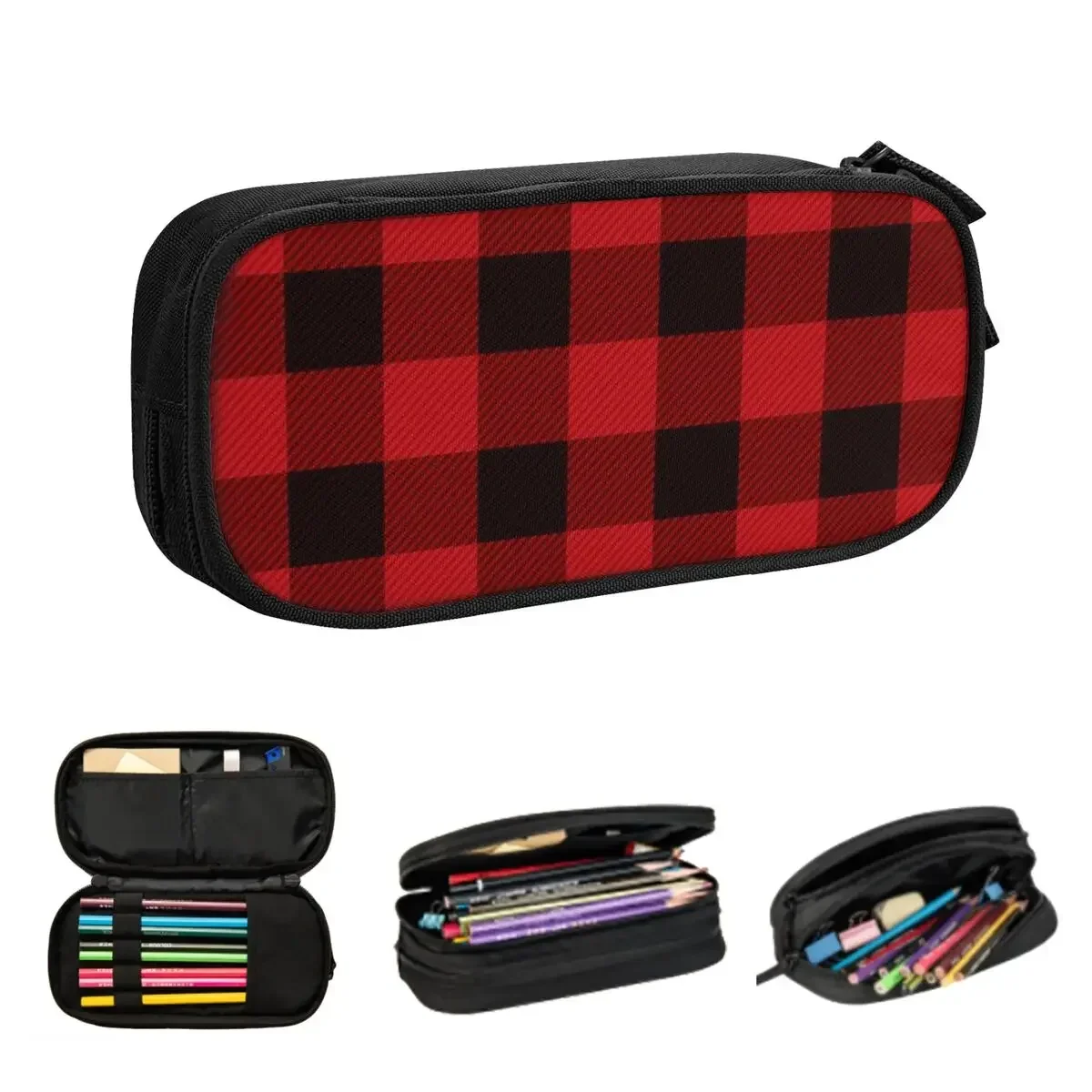 

Country Christmas Cottage Primitive Lumberjack Buffalo Plaid Pencil Cases Pen Bags Pen Box Pencil Pouch For Boys Girls Students