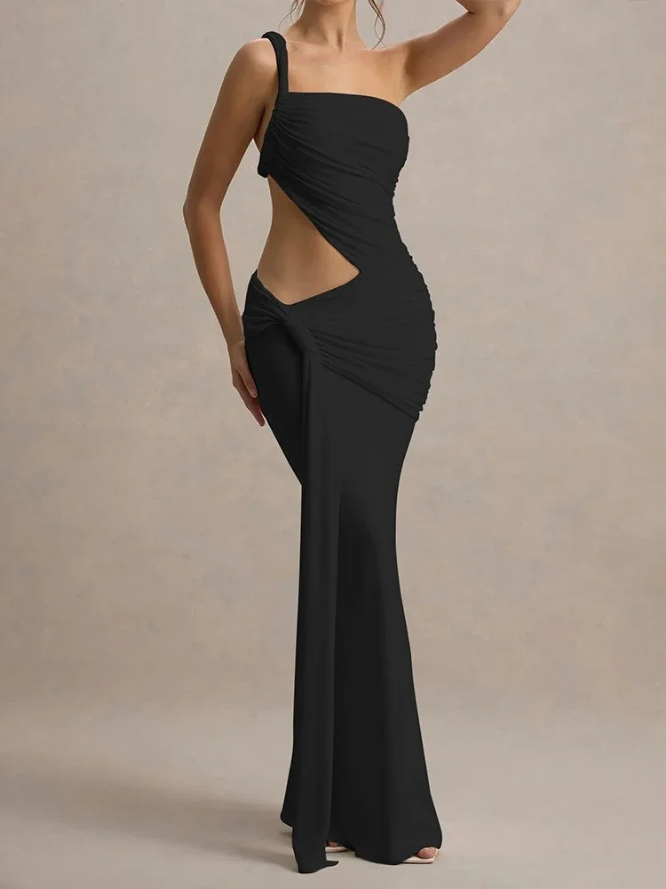 

Woman Clothing Bandage Hollow Out Irregular Long Maxi Prom Dress 2025 Female One Shoulder Backless Ruched Party Evening Dresses