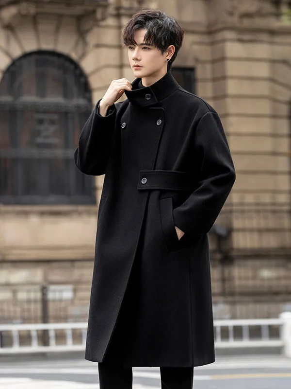 

Hebe Sle Bla Stand Collar Woolen Coat Men Autumn Winter Mid-Length oulder Appropriate Trench Coat with Slanted Flap