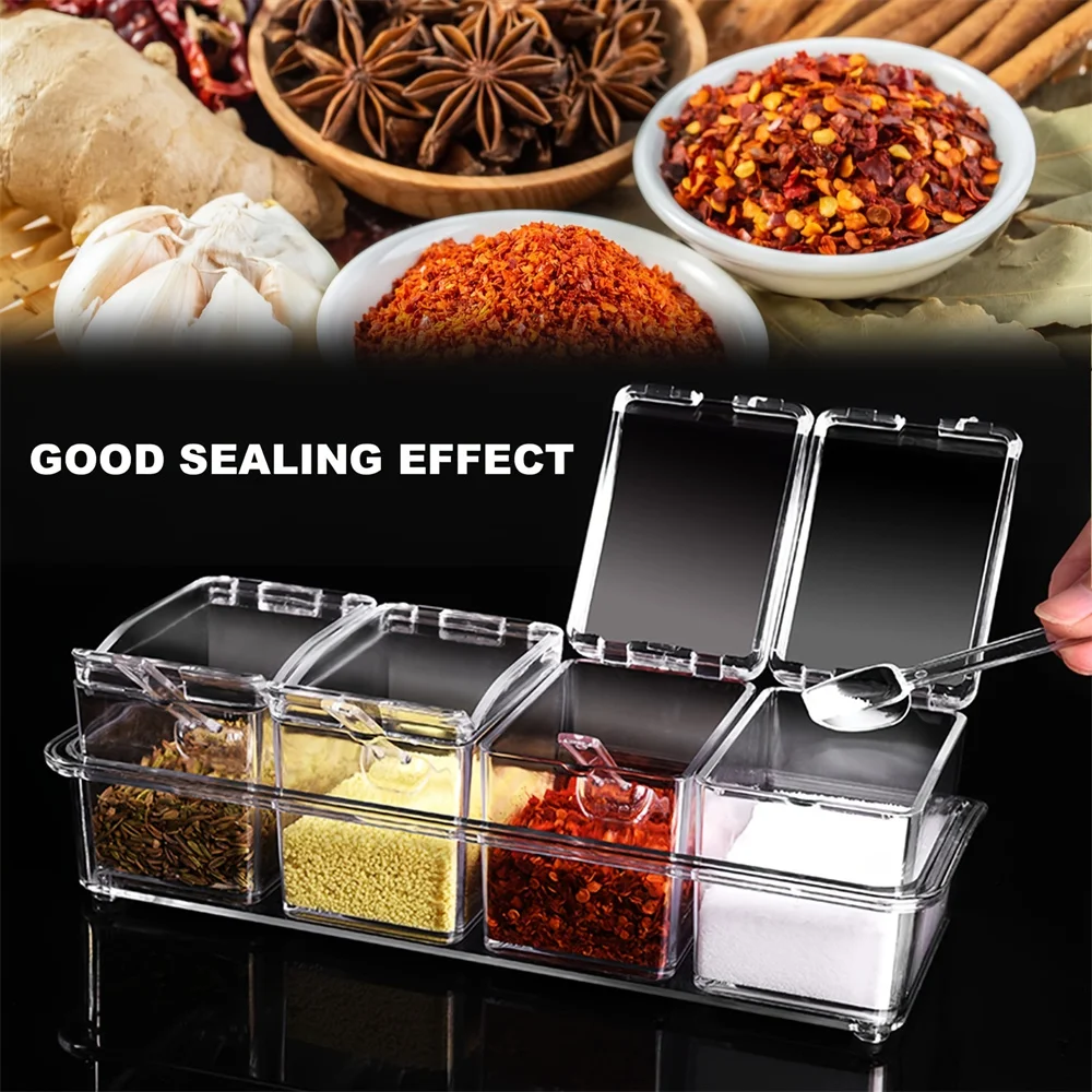 Caja de condimentos transparente, juego de 4 contenedores de almacenamiento de condimentos de cristal con cuchara, estante transparente para condimentos, macetas para pimienta y especias