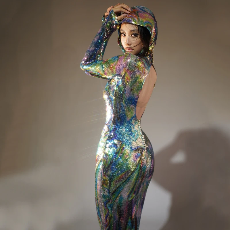 Pailletten Jurk Met Capuchon Dames Laser Rave Wear Party Outfit Avondjurken Stage Gogo Danskostuum