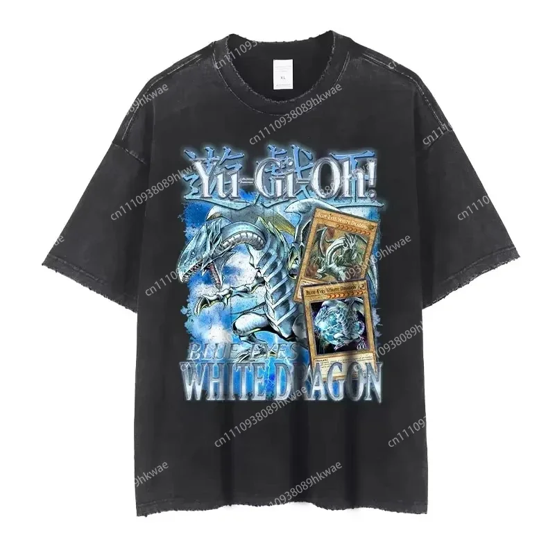 Anime Yu Gi Oh T Shirts Vintage Washed Dark Magician Girl T-shirt Retro Streetwear Manga Black Magician Short Sleeve Tops Tee