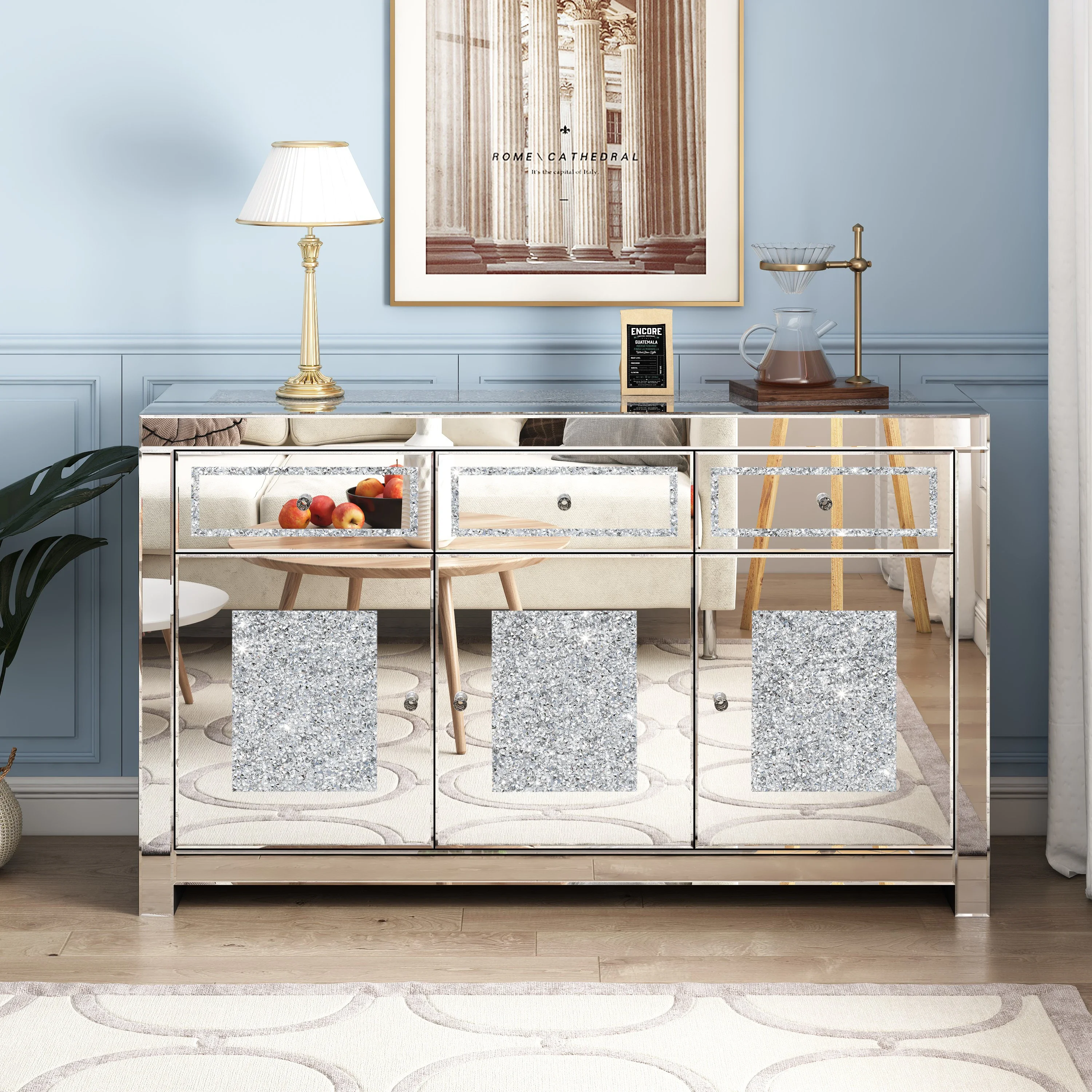 Mirrored Glass Cabinet With 3 Doors 3 Drawers Crushed Diamond Inlay Glass Top Home Decor Living Room