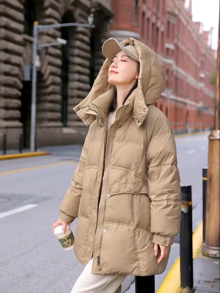 

Winter Vintage Loose Hooded Mid Length Down Jacket Women White Duck Down Thick Down Jacket Female Zipper Warm Parker Outwears