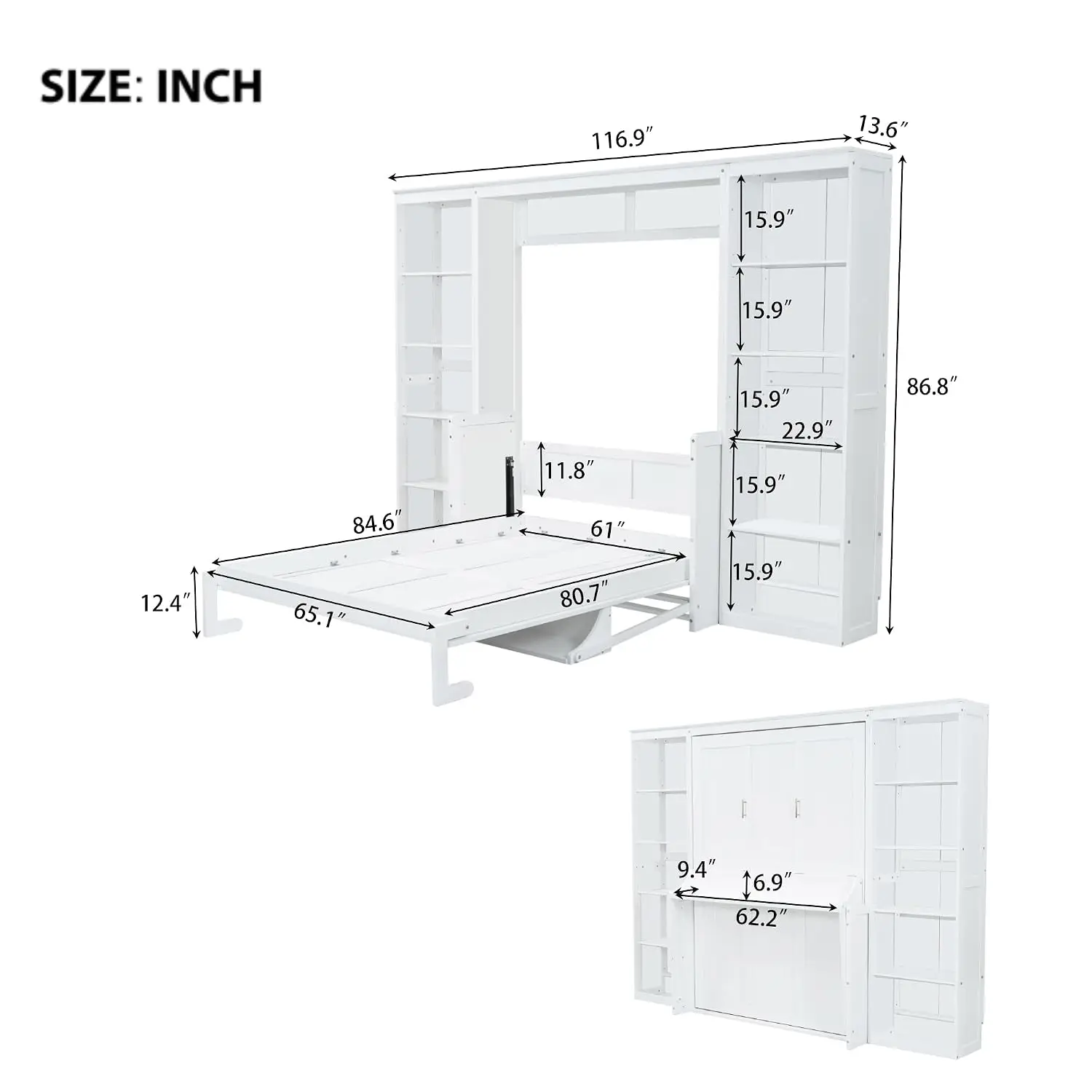 Queen Vertical Murphy Wall Bed Desk Storage Bookcase Cabinet Wood Fold Down Space Saving Bedroom Furniture, Customized