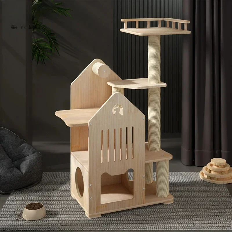 

-Modern Luxury Nature Wooden Cat Tree House Cat Climbing Tree Furniture Scratcher Tower Climbing Frame For Big Cat Indoor Outdoo