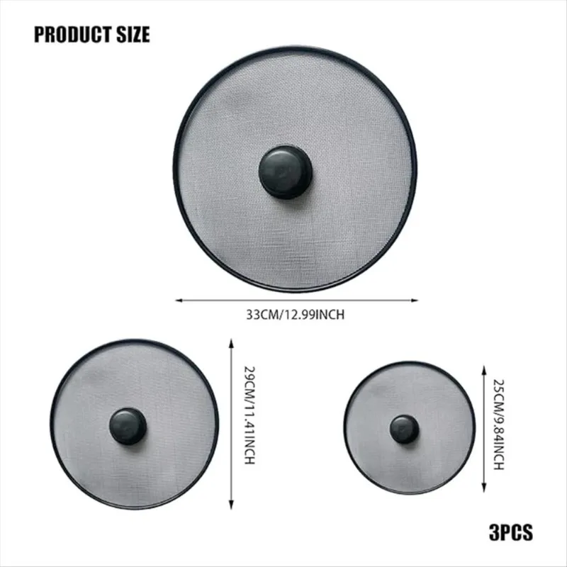 3pcs Kitchen Tool Fine Mesh Splash Guard Cover Lid with Handle Splatter Screen Anti Grease Frying Pan Oil Splash Guard Gadget