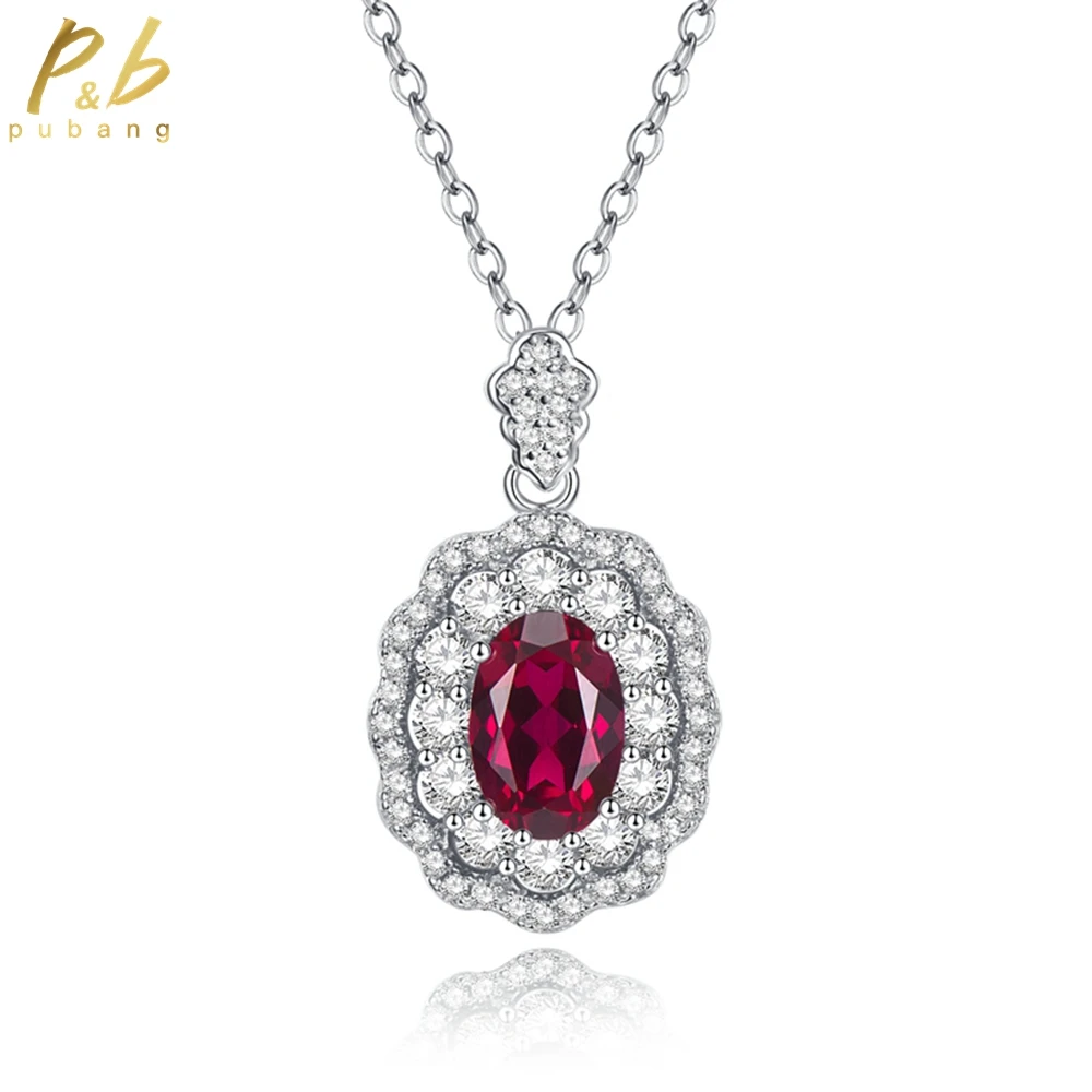 PuBang Fine Jewelry 925 Sterling Silver Oval Ruby Gem Created Moissanite Sparkling Pendant Necklace for Women Gift Drop Shipping