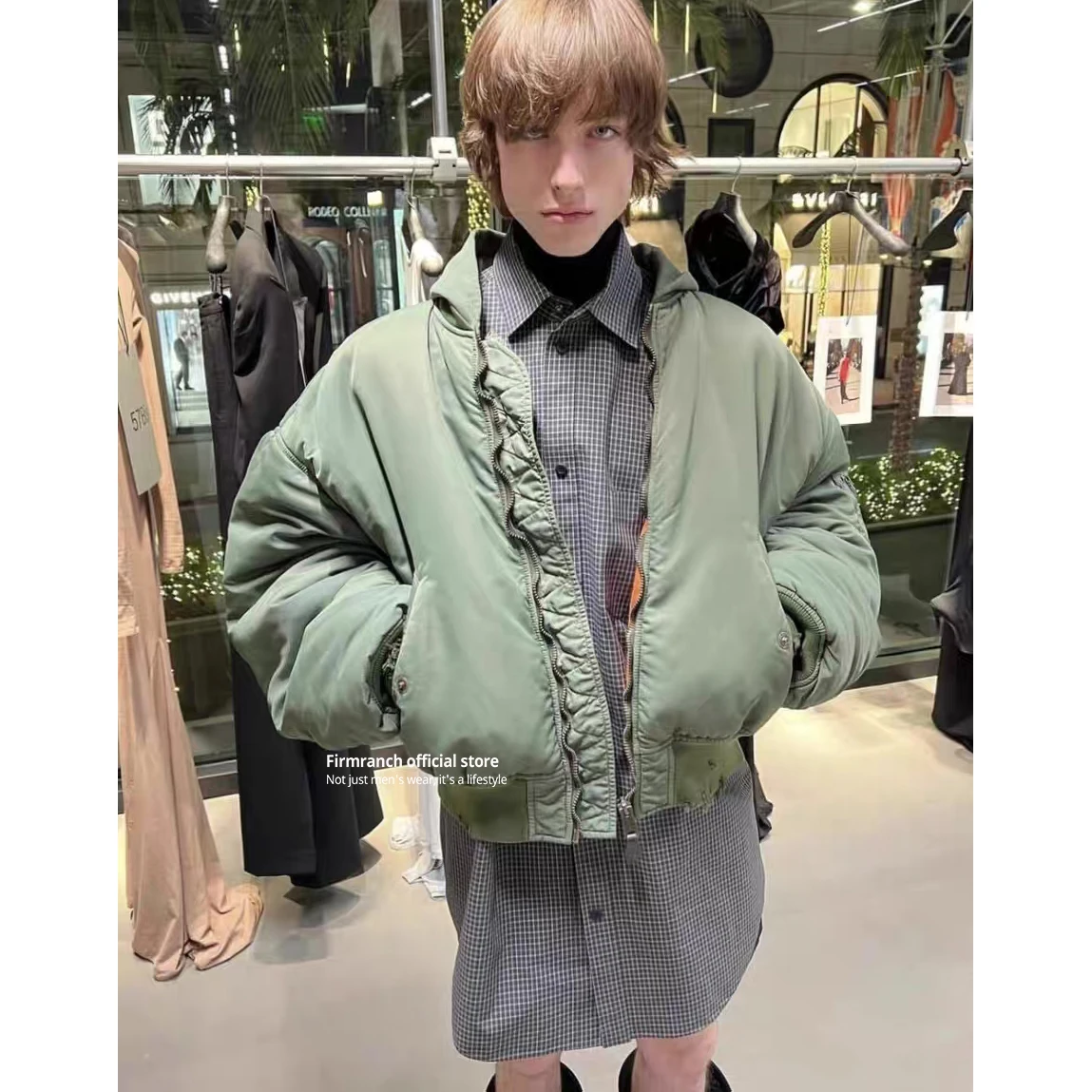 Firmranch Paris Style Winter Green Padded Bomber Jacket For Men Women Orange Lining Hooded Thick Baseball Coat Street Outfits