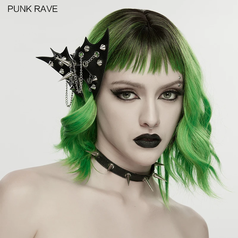 PUNK RAVE Women's Punk Synthetic Leather Bat Shaped Bow Darkness Hairpin Pointed Spikes Shape Coolness Movable Chain Accessory
