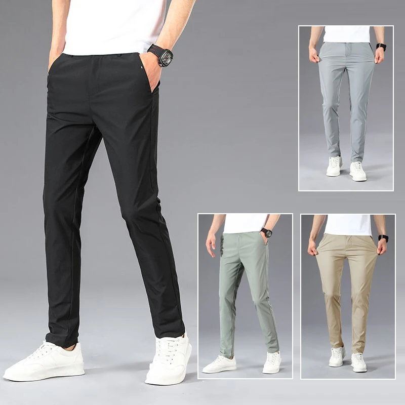

2025 New Men Casual Slim Fit Suit Pants Male Sun Protective Quick Drying Blazer Pants Straight Elasticity Black Trousers