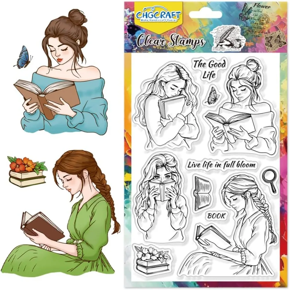Book Woman Clear Stamps Elegant Lady Reading Transparent Handicraft Stamps for DIY Scrapbooking Photo Album Decorative 6.3x4