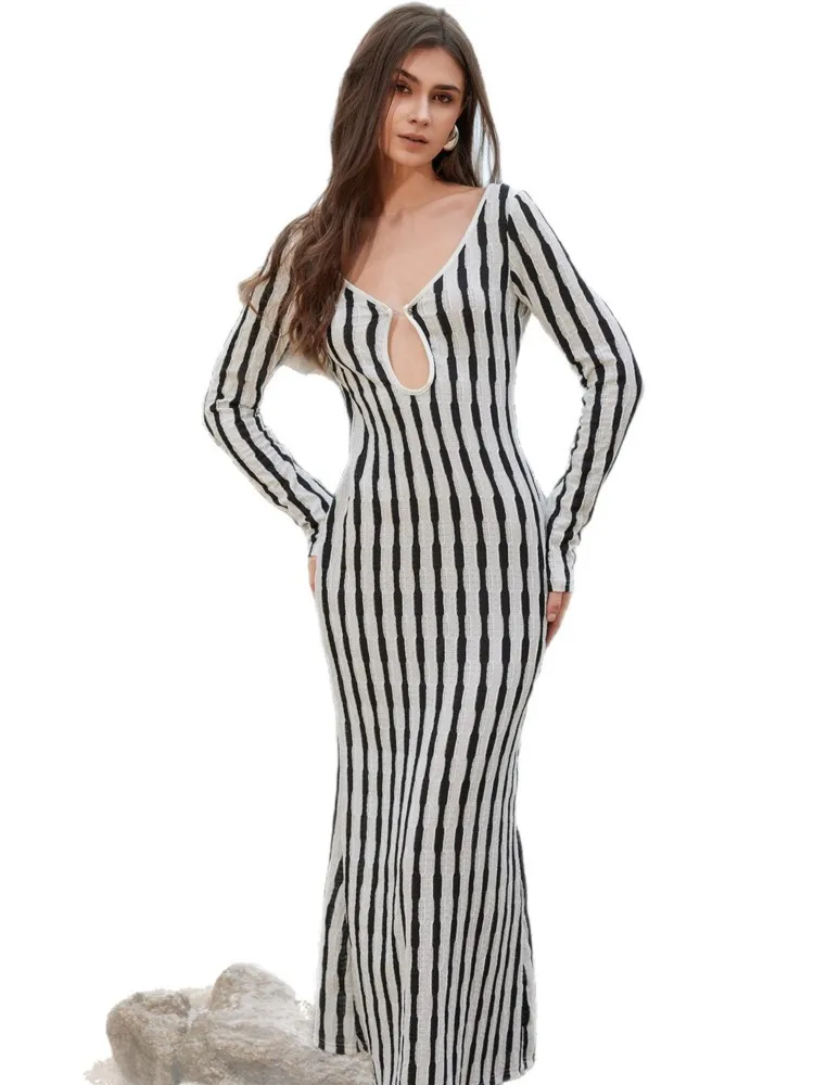 Robe de plage longue en tricot pour femmes, Sexy, ajourée, décolleté en v profond, manches longues, Cover-Up pour Bikini, dos nu, robe de vacances, automne, 2026