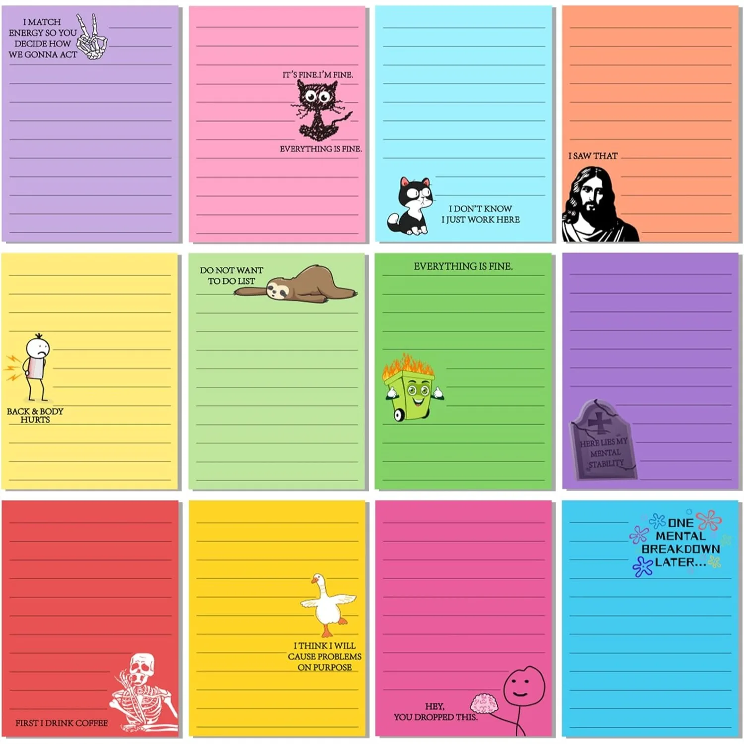 

12 Funny Sticky Notes for Work 4x3 In Sarcastic Self Adhesive Notepads with Novelty Memo Pads for Office Coworker Gifts