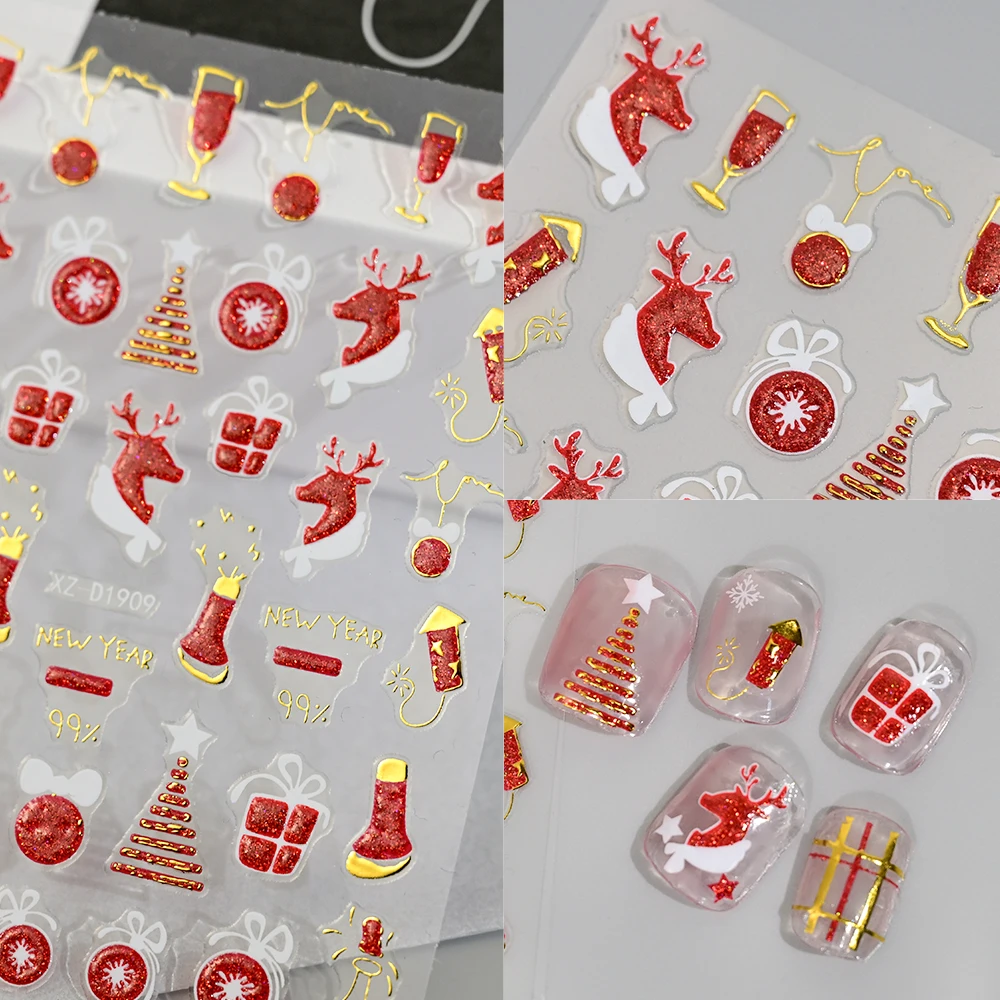 12Pcs 5D Red Glitter Christmas Nail Stickers Santa Claus,Snowman,Snowflake,Elk Adhesive Nail Decals Winter Xmas Manicure Sliders