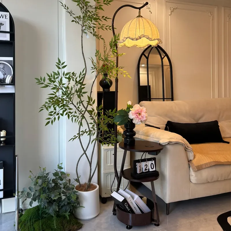 Medieval Style Floor Lamp with Small Side Shelf for Sofa French Bedroom Bedside Table Integrated Desk Lamp Living Room