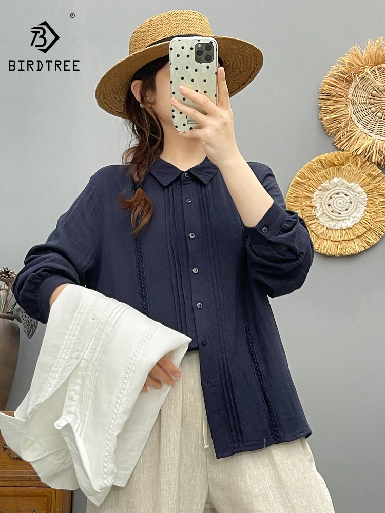 

Новинка 2025, осенняя рубашка с длинными рукавами из хлопковой пряжи, женская рубашка с отложным воротником и вышивкой, свободная блузка Mori Girl Temperament T5N489CC