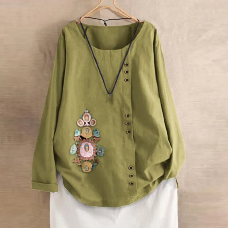 Hot Style Restoring Ancient Ways Long-sleeved Cotton and Linen T-shirt Long Sleeve O-Neck Women's Clothes Loose Shirts Blouses