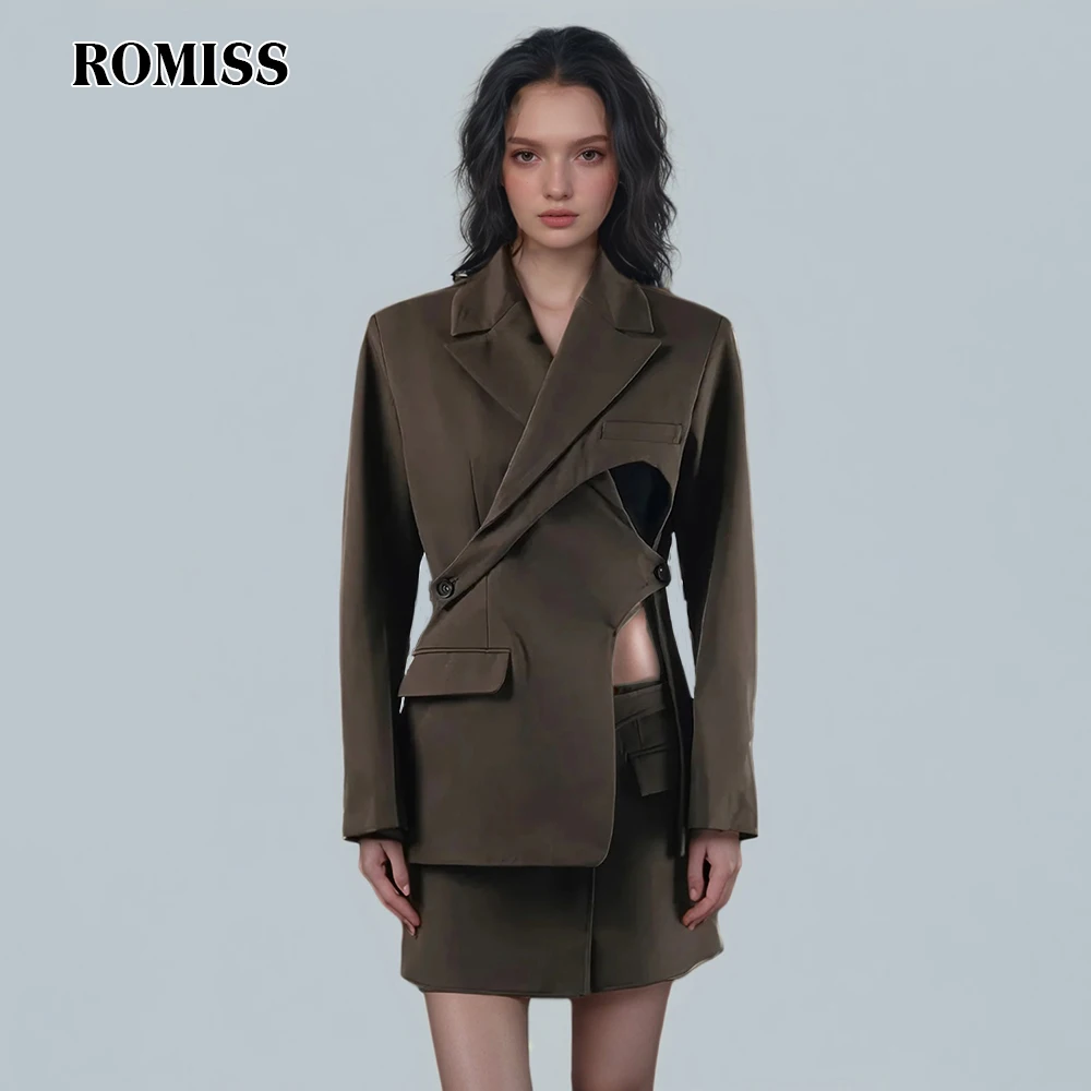 ROMISS  Asymmetrical Hollow Out Chic Blazer For Women Lapel Long Sleeve Patchwork Button Slimming Jackets Female Fashion Style N