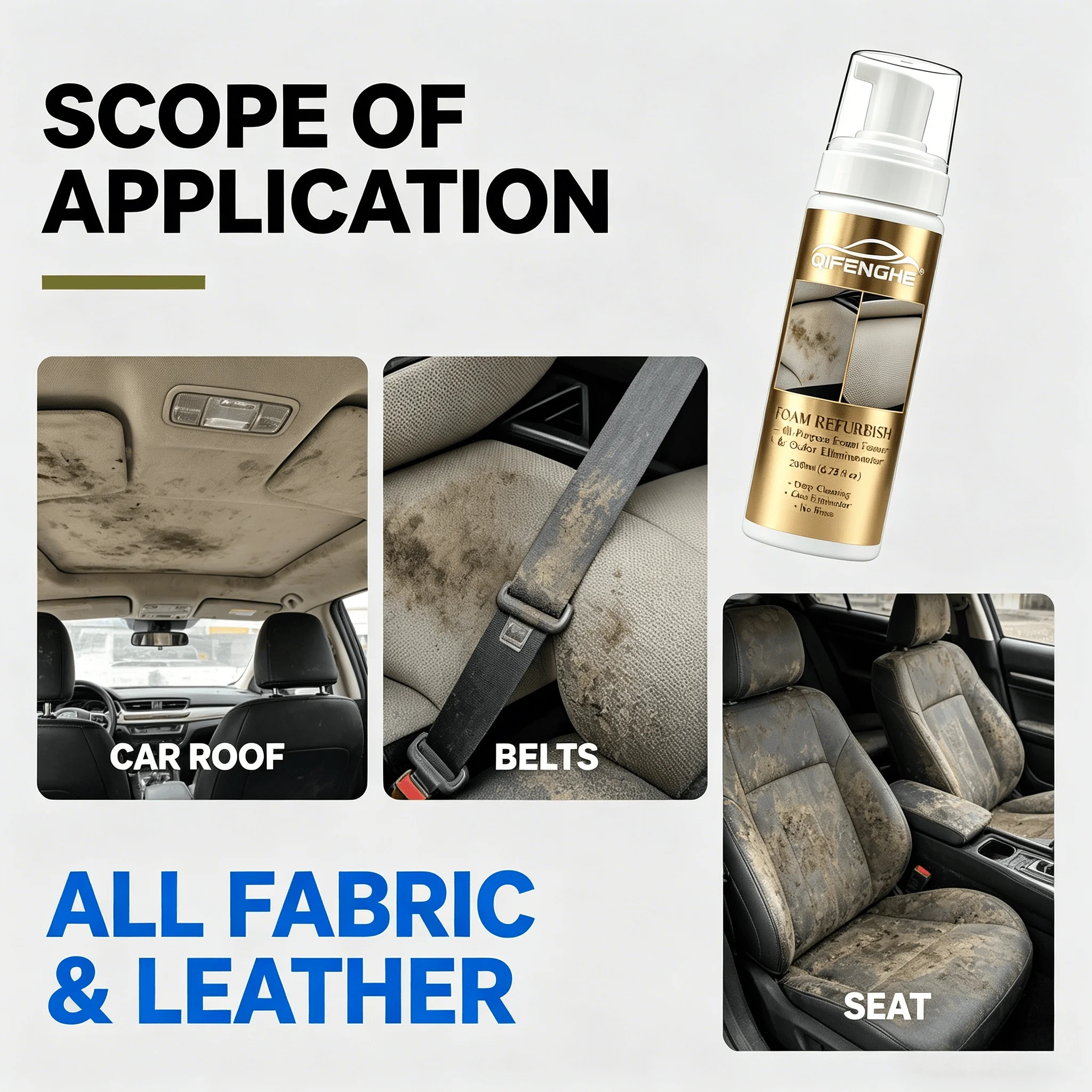 High-Efficiency Auto Foam Cleaner 200ML No Rinse Deodorizing Cleaning Foam with Sponge for Car Leather Plastic Interior Stain Re