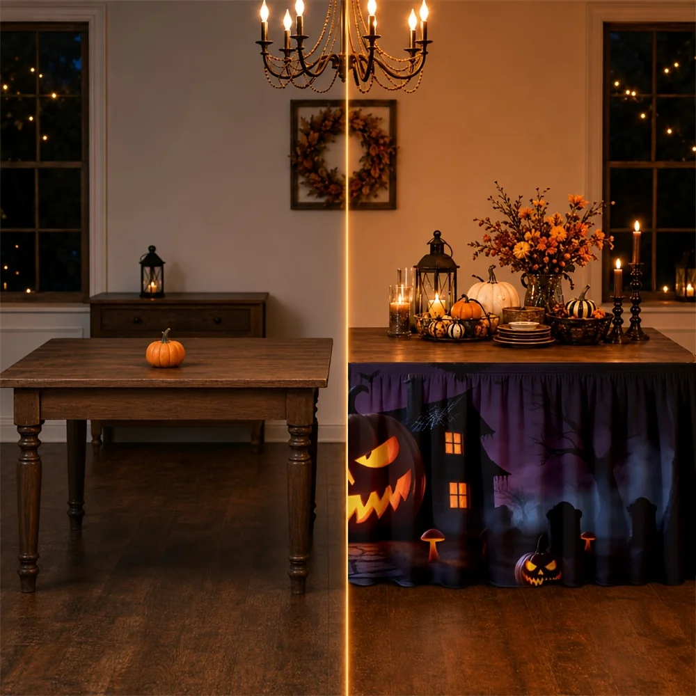 One tablecloth. Halloween pumpkin haunted house, full moon, bat, cemetery. Festival evening party, table decoration.zyc