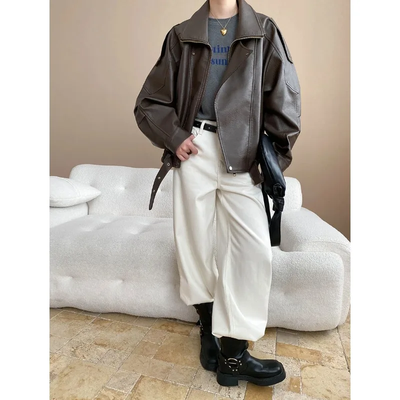 معاطف النساء سترات من الجلد الصناعي رفض طوق معطف بولي Pu العمل Y2k الشارع الشهير سترة سستة عادية فضفاض الخريف الشتاء 2025