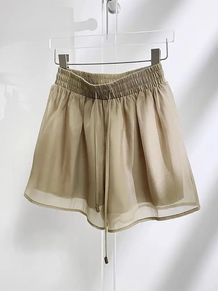 Double Layered Loose Wide Leg Shorts Pure Color Mesh Pants Straight Cut Natural Waist Elastic Polyester Women's Summer Shorts
