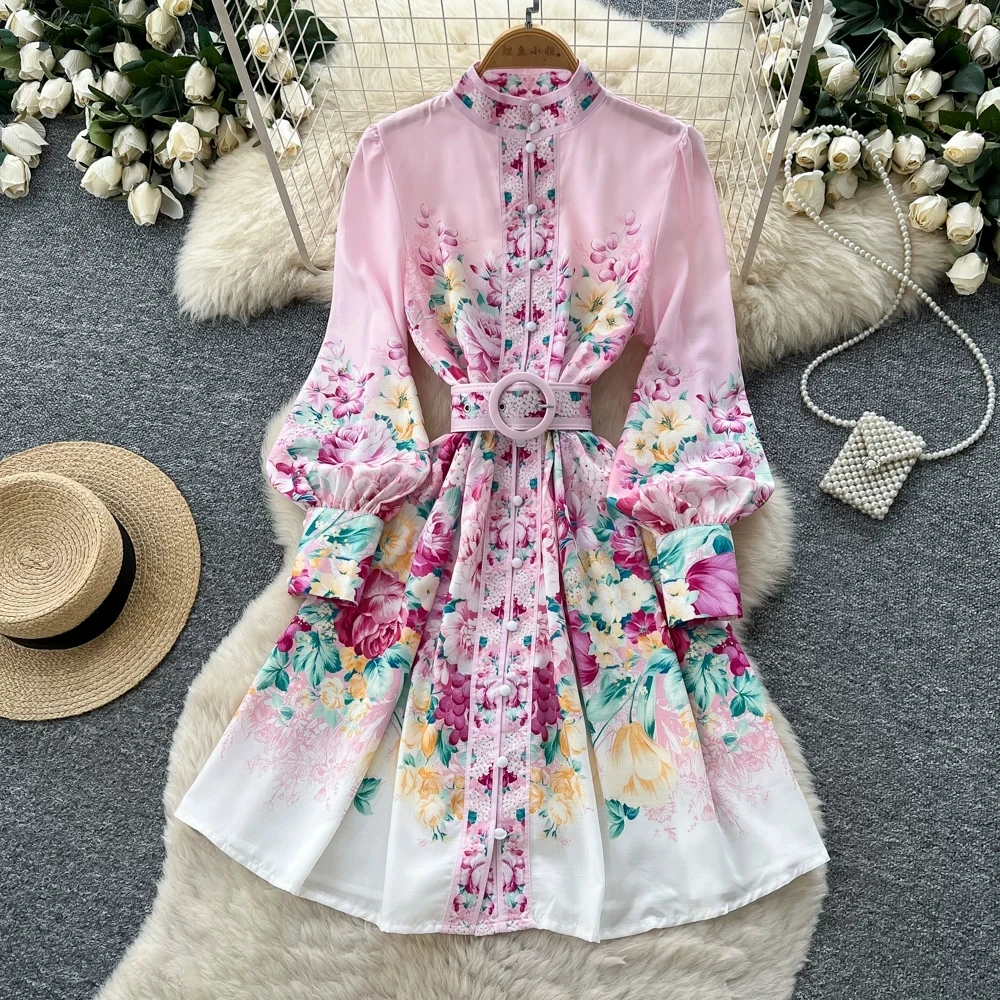 

Boho Stand Collar Floral Print Dress Women Pink Long Sleeve Belted Chiffon Mini Dress Summer Vacation Beach Outfit
