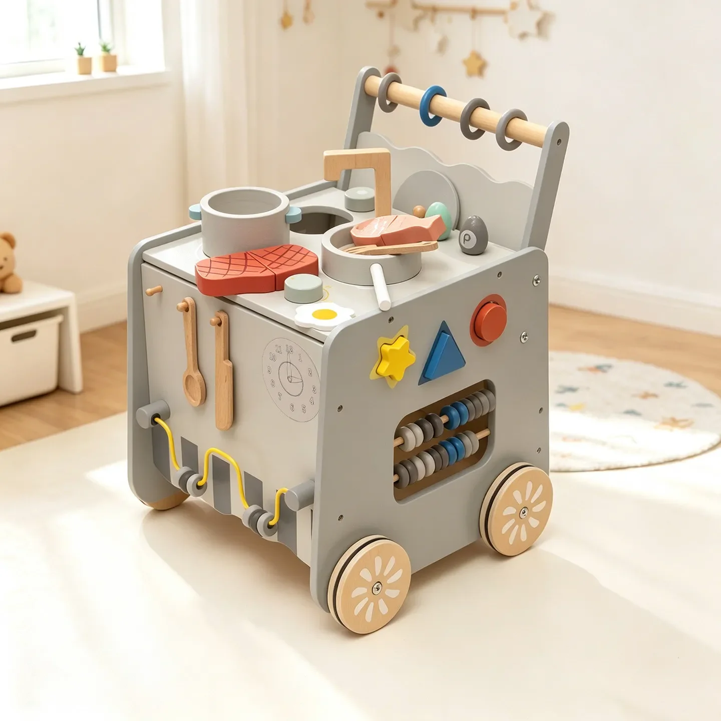 Kindergarten, cart kitchen toy wooden playhouse simulation cooking utensils boys and girls walker