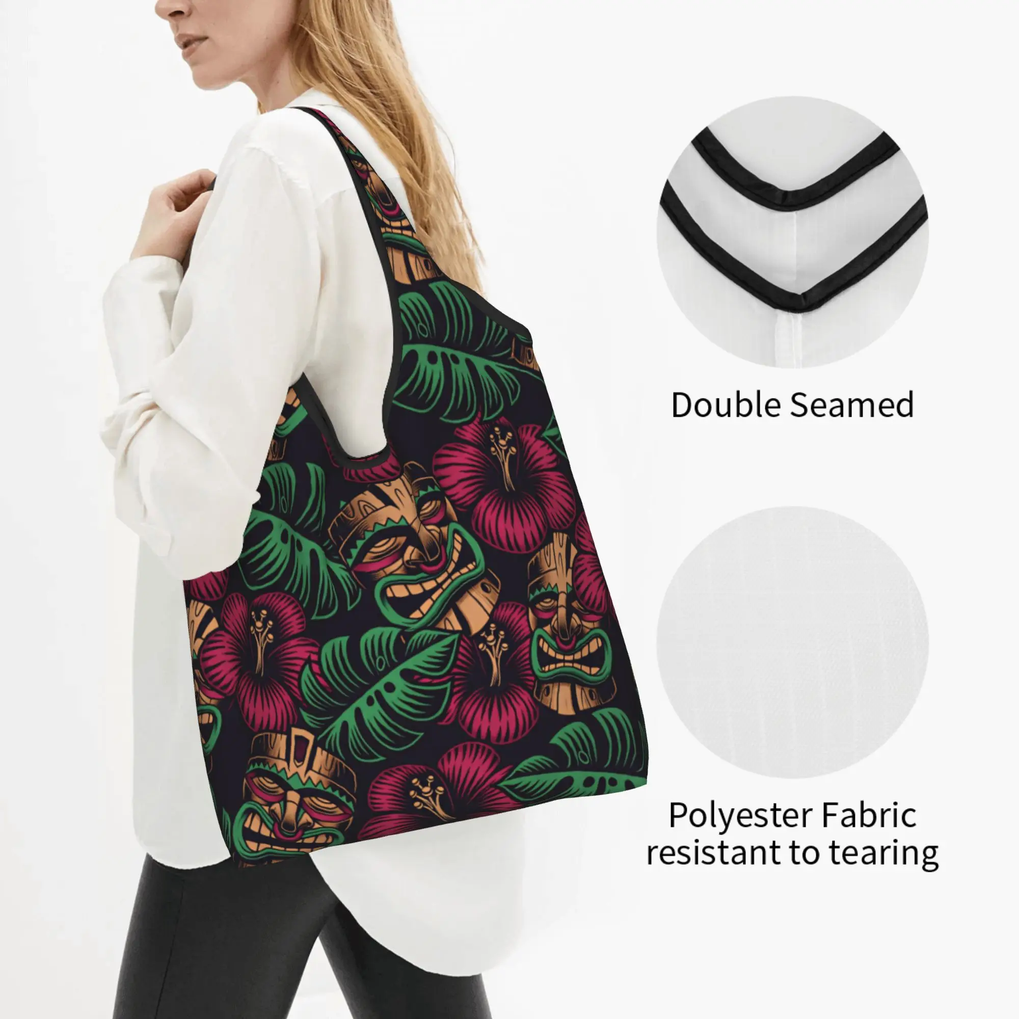Funny Tiki Mask Hawaiian Style Palm Monstera Shopping Tote Bag Portable Tropical Plants And Flowers Grocery Shoulder Shopper Bag