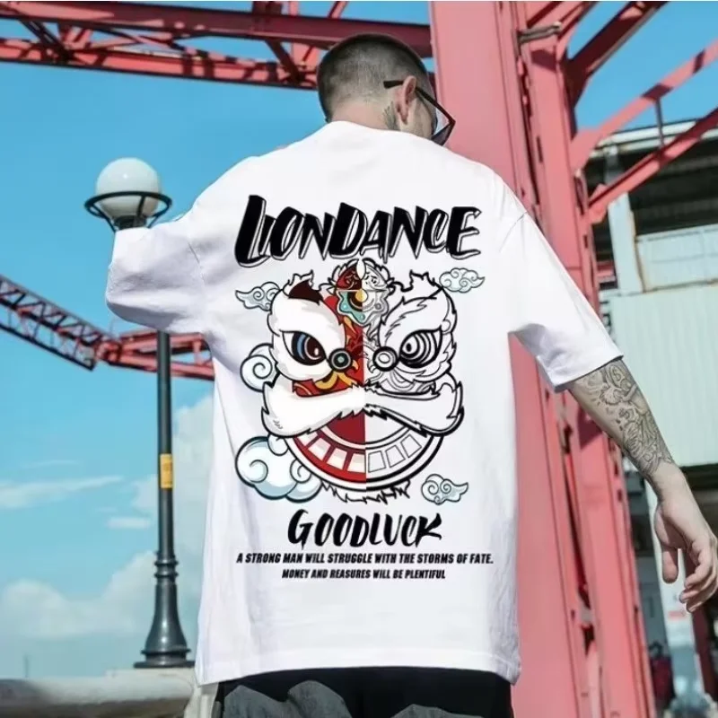 M-8XL Korean Version Men's Short Sleeve T-shirt Popular Style Lion Dance Red White Printed Oversized Round Neck T-shirt