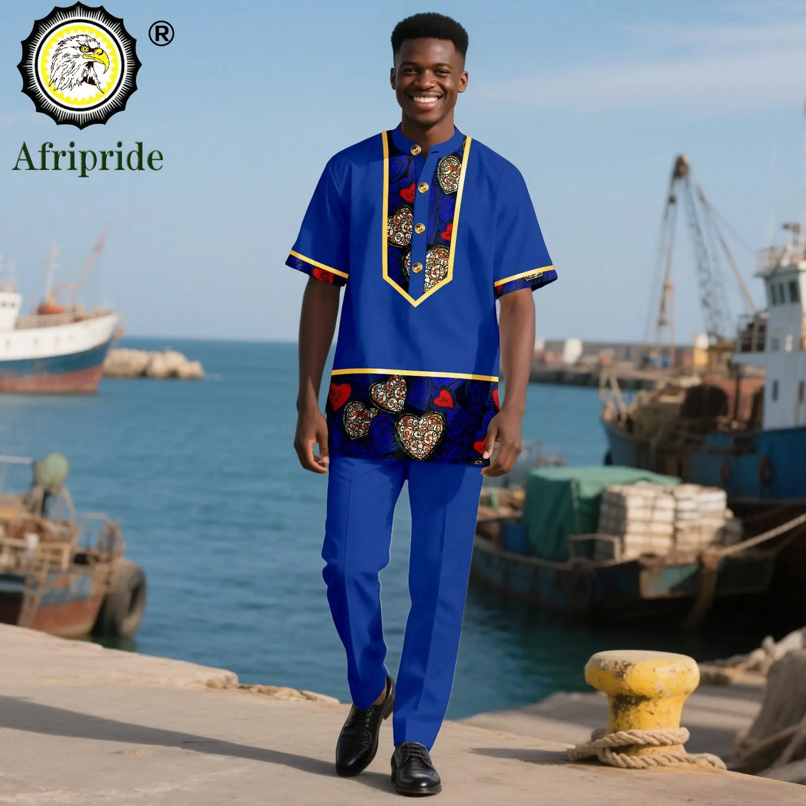 

African Traditional Clothing for Men Half Sleeve Embroidery Print Single Breasted Shirts and Pants 2 Piece Outfits 2516056