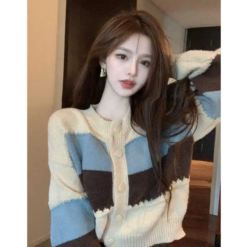 Women Autumn Fashion Striped Vintage Loose O-neck Long Sleeve Knitwear Ladies Office Lady All-match Knitting Cardigan Coat Tops