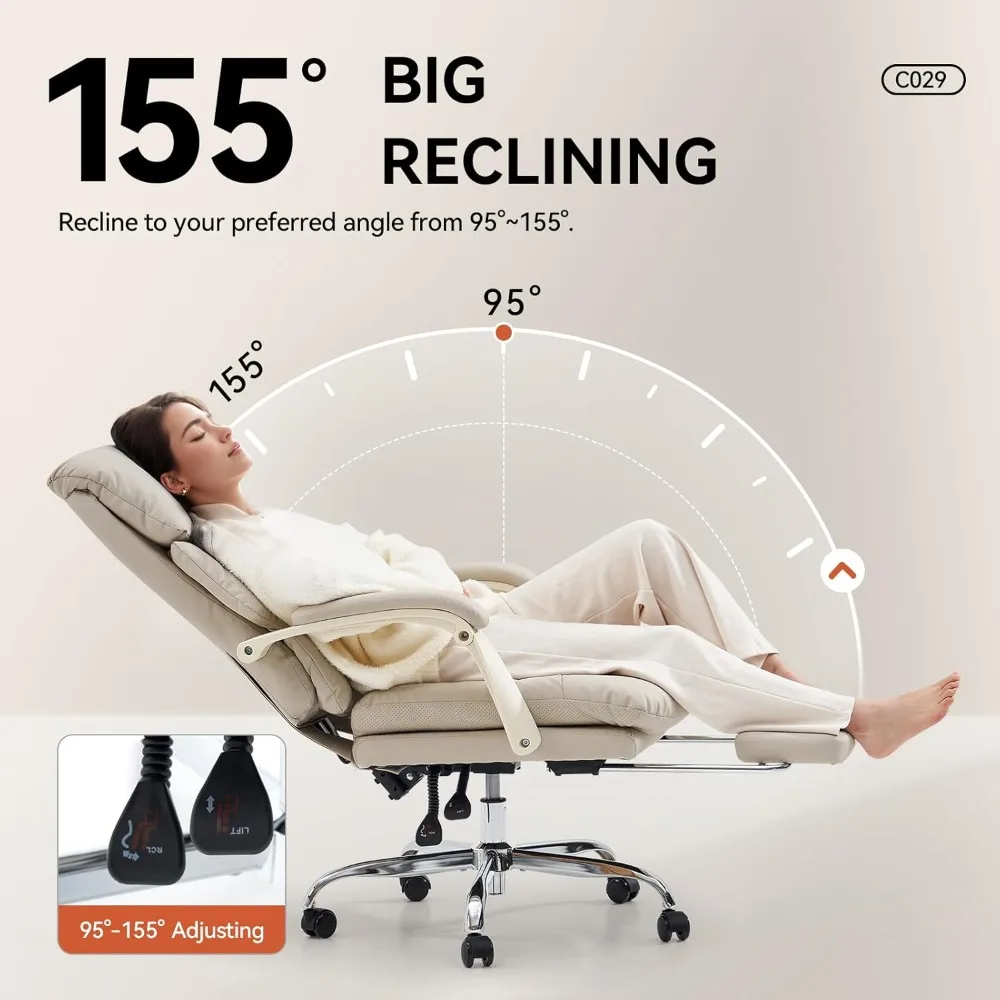 كرسي مكتب مع مسند للقدمين، كرسي مكتب تنفيذي مريح بأذرع، كمبيوتر دوار مريح من جلد البولي يوريثان عالي الظهر