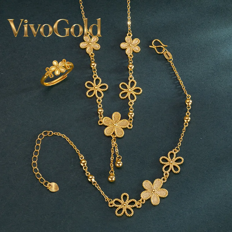 

VivoGoldPeach Blossom Marriage Three-piece Set for Women 9999 24K Real Gold Flower Ring Hard Gold Necklace Pendant Bracelet