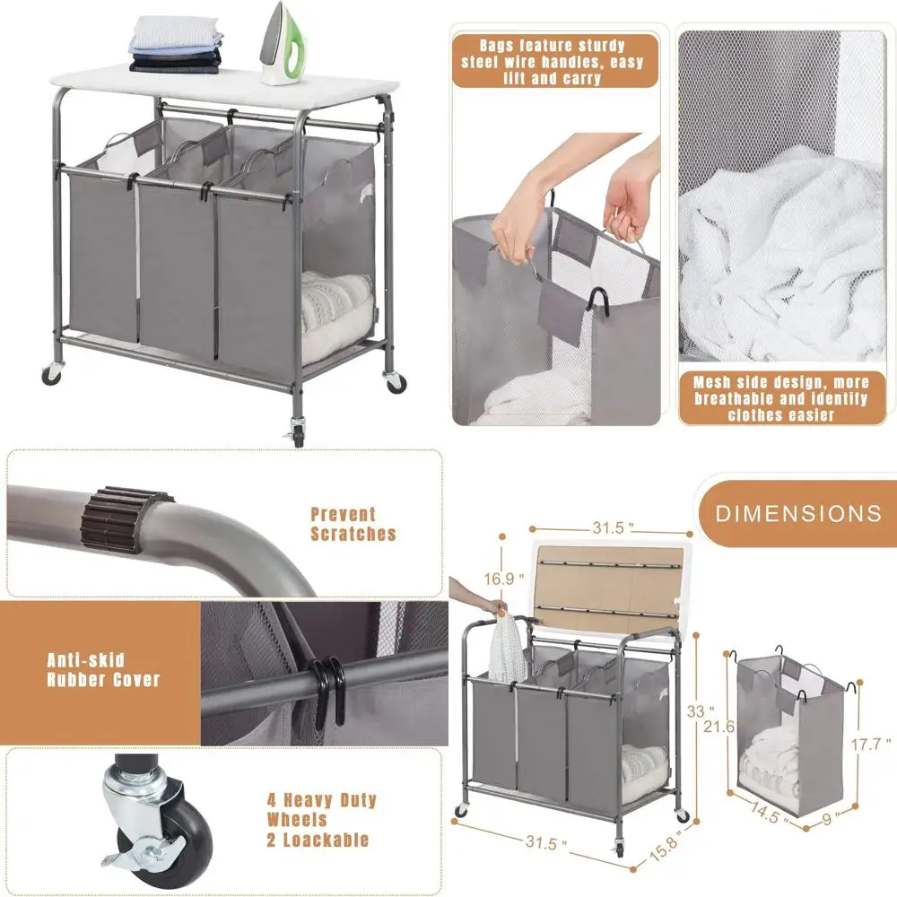 

Трехсекционная складная гладильная доска-тележка для сортировки белья с усиленными колесами и съемными мешками, серая