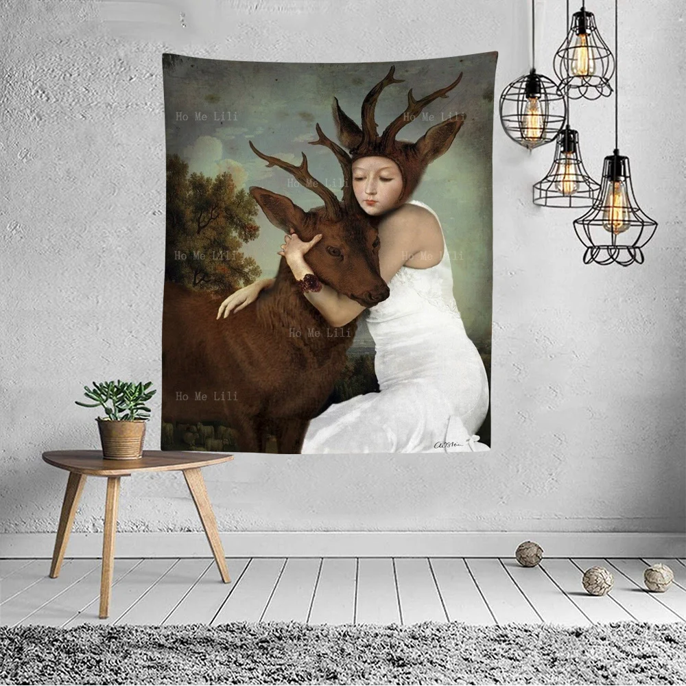 Holding An Elk And A Woman With Antlers And She's Wearing A White Dress Tapestry By Ho Me Lili For Livingroom Decor