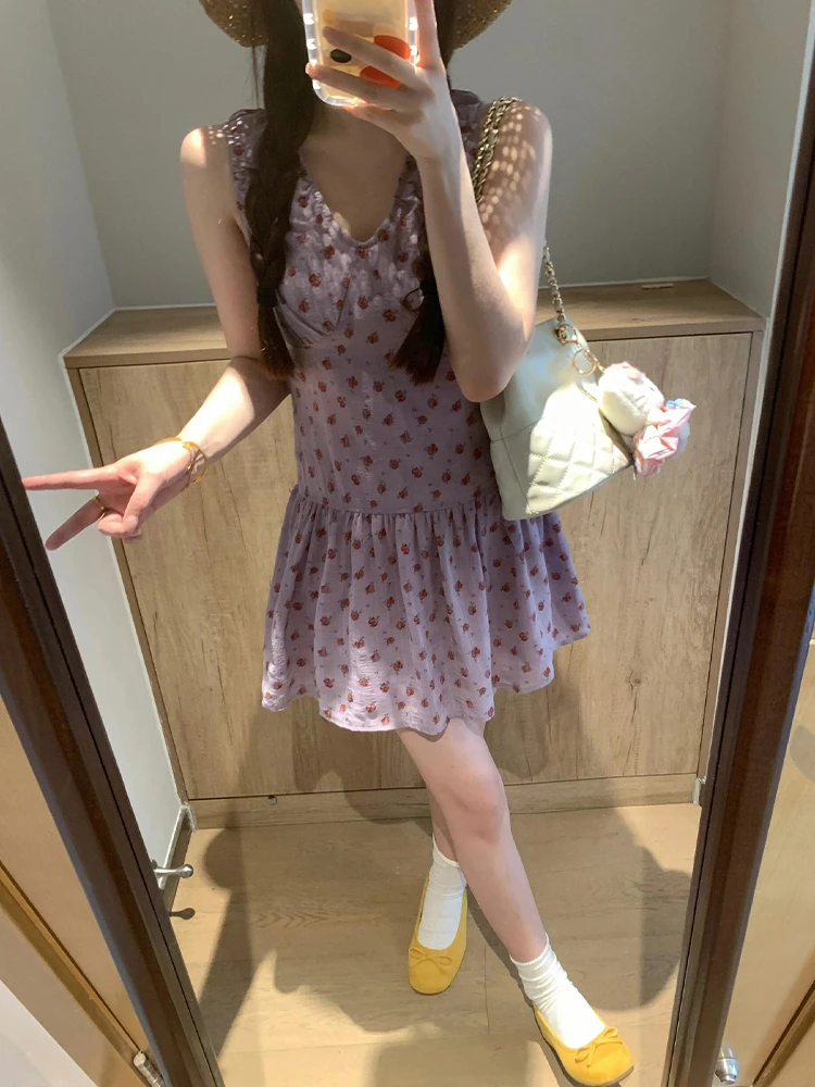 Summer 2025 Women's V-ne Svel Floral Print Vest Dr A-line ort Skirt Slimming Effect Sweet Sle Polyester Fiber