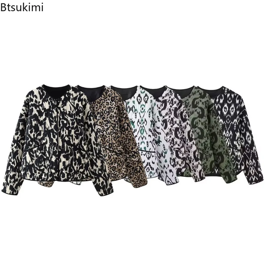 New Women's Autumn Winter Animal Print Jacket Top Round Neck Long Sleeve Single-breasted Cotton Jacket Coat Winter Coat Parkas