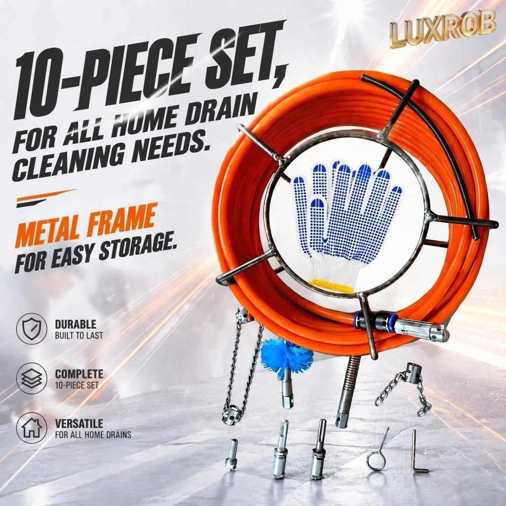 10PCS Drain Auger Set Flexible Plumbing Snake with Metal Storage Frame Pipe Dredger Sewer Clog Remover for Sink Toilet Pipeline