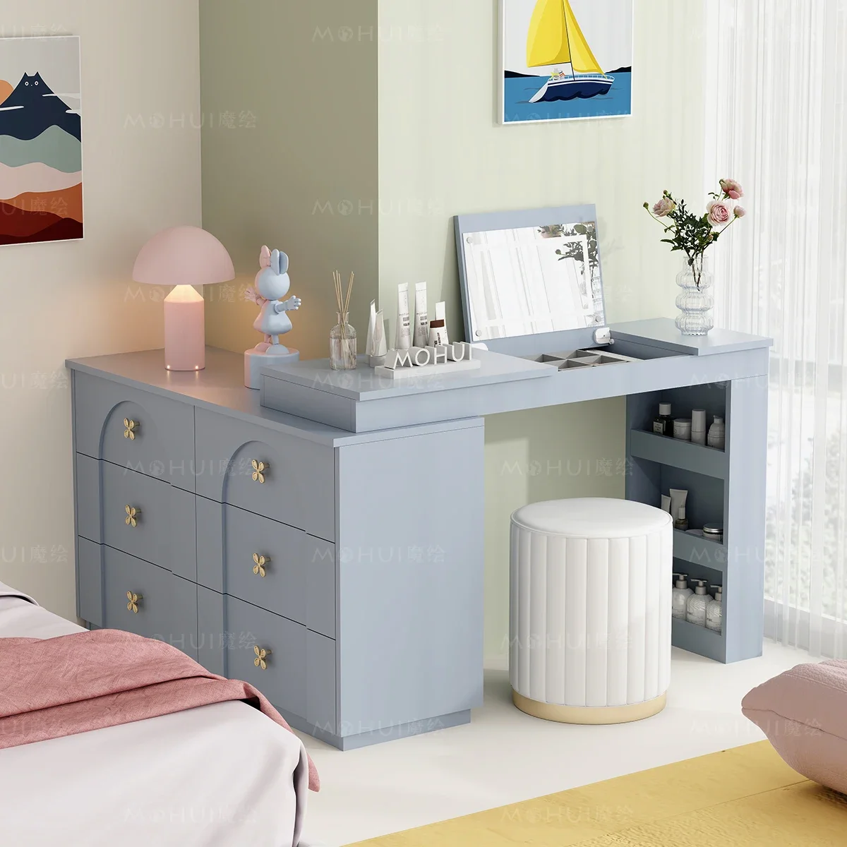 Magic Dopamine Blue Dressing Table Minimalist Solid Bed Tail Bucket Cabinet Storage Cabinet Combination Master Bedroom Jewelry M