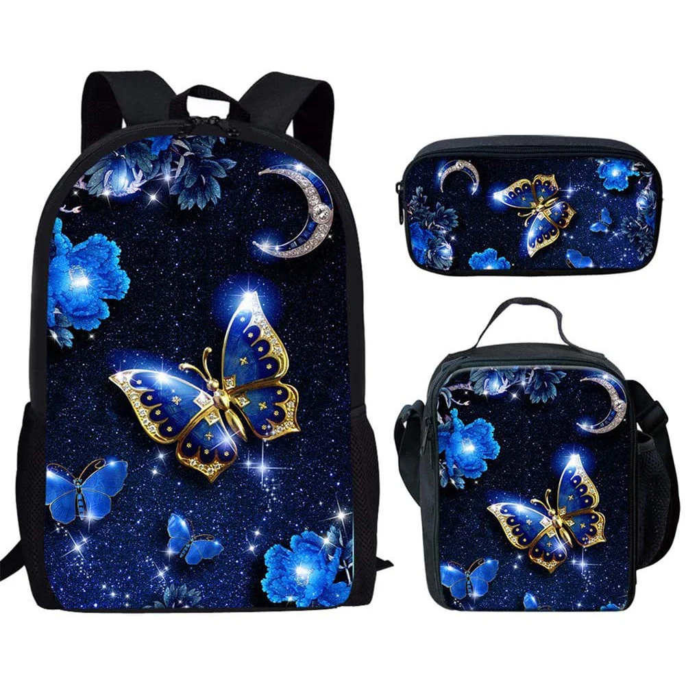 Belidome Blue Butterfly Design 3Pcs Sacos De Escola Set para Meninos Adolescentes Meninas Schoolbag Mochila para Estudante Bookbag Mochila Infantil