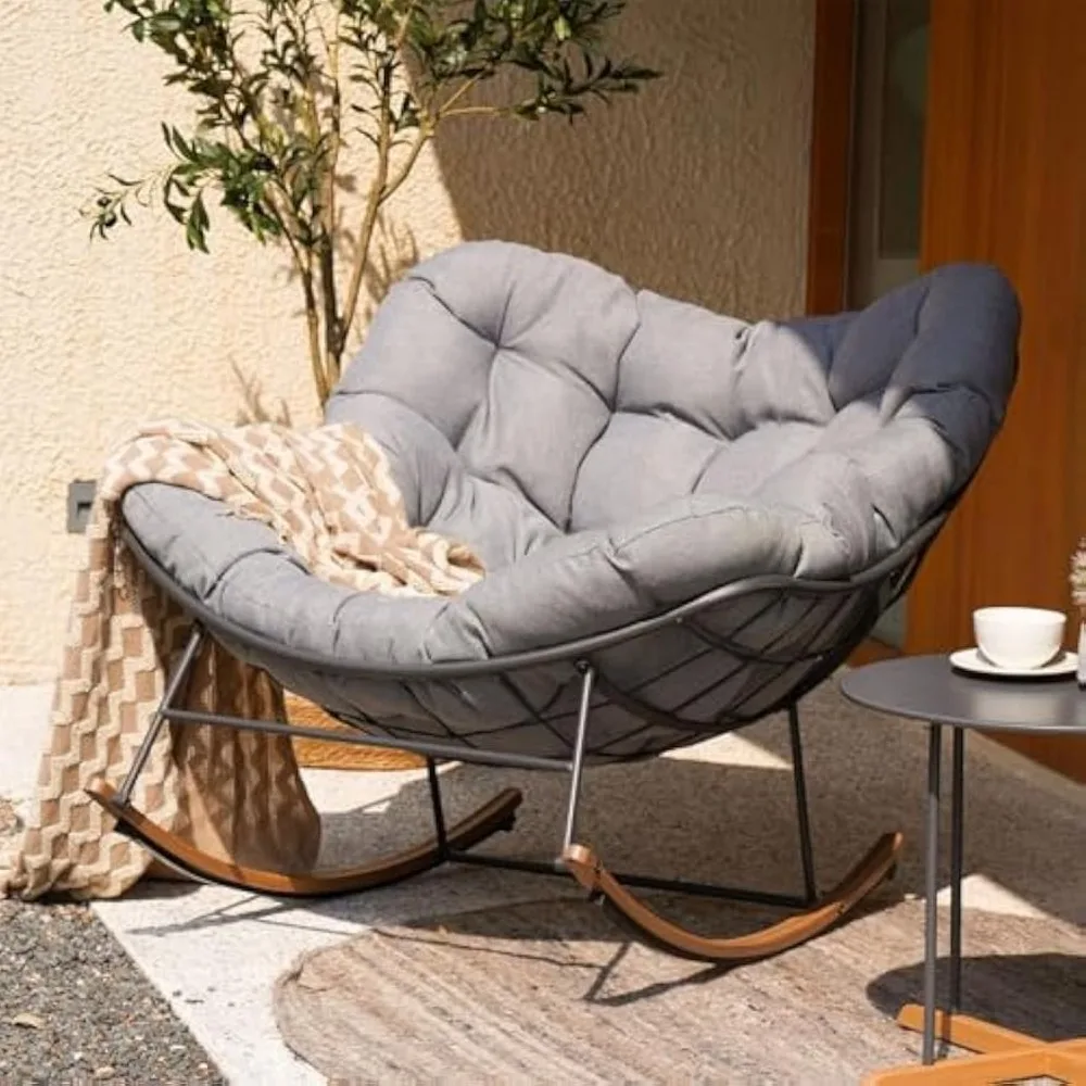 Outdoor Rocking Chair, E-Coated Modern Cozy Lounge Rocker Chair with Cushion for Balcony Porch Patio, Gray