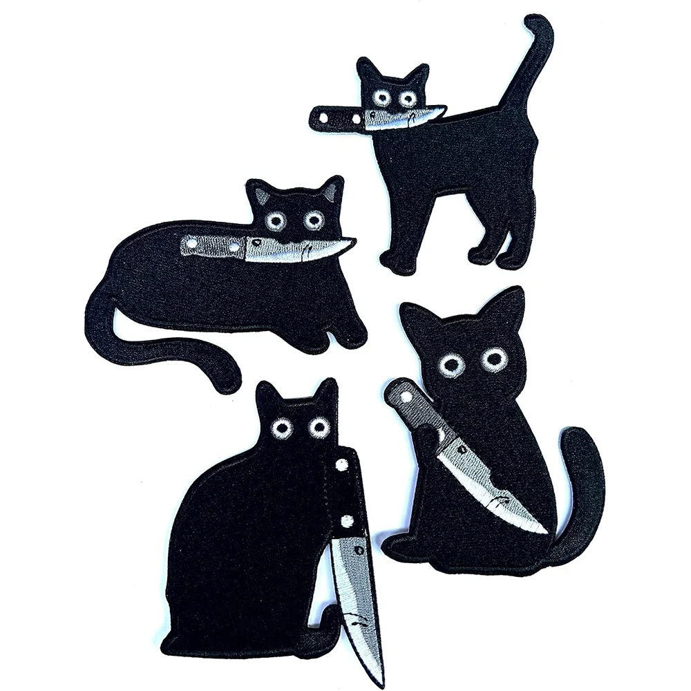 4 Stück schwarze Stickerei-Motive mit Katzenmotiv aus Stoff für Kleidung, Taschen, Hüte, Dekorationen, cooles Zubehör, Reparatur