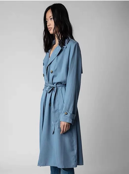 Zad*Vol* Winter Women Trench Jacket Coat Blue Color Lycell Full Sleeves Casual Long Version Elegant England Style