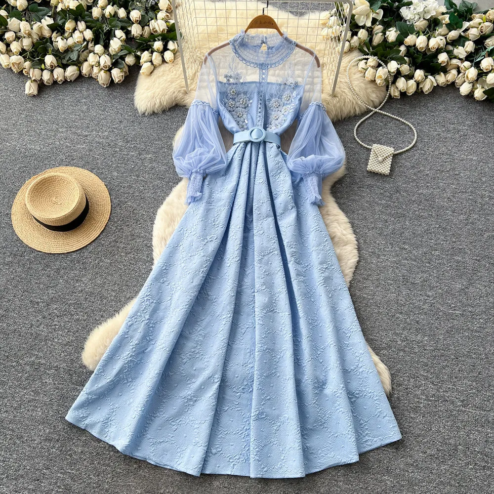 

Long Dress Women Dresses A Line Vestidos Y2k Streetwear Round Neck Lantern Sleeve High Waist Elegant Splice Party Night Work