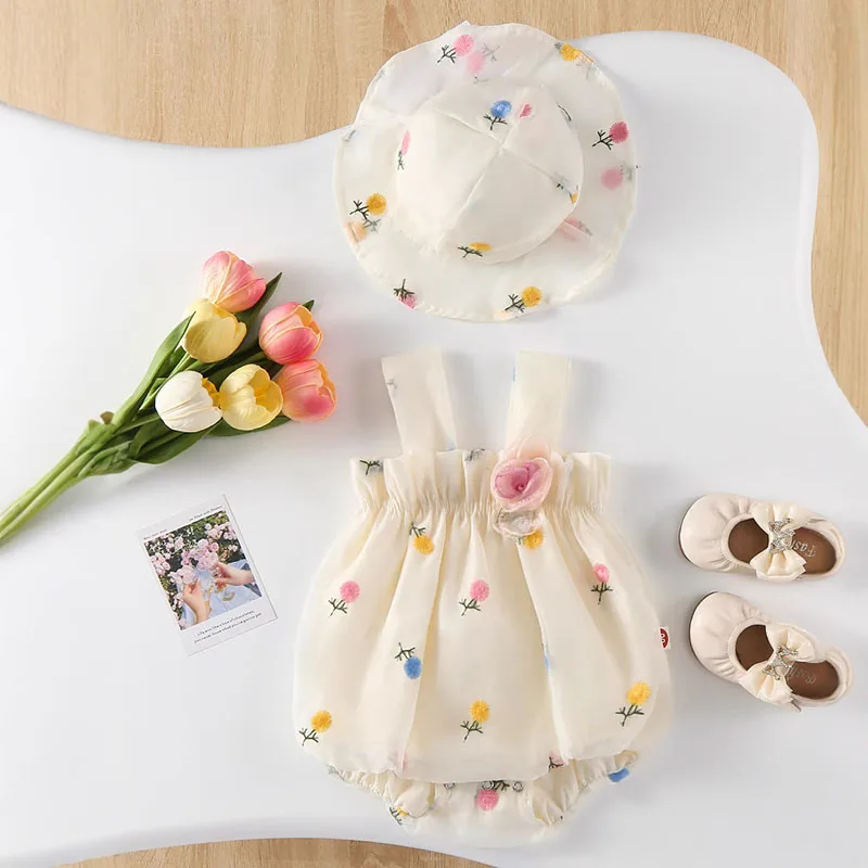 

2025 New Summer Newborn Baby Girls Romper+Hat Sleeveless Cotton Embroidery Toddler Baby Girls Jumpsuit 0-24M Baby Girls Clothing