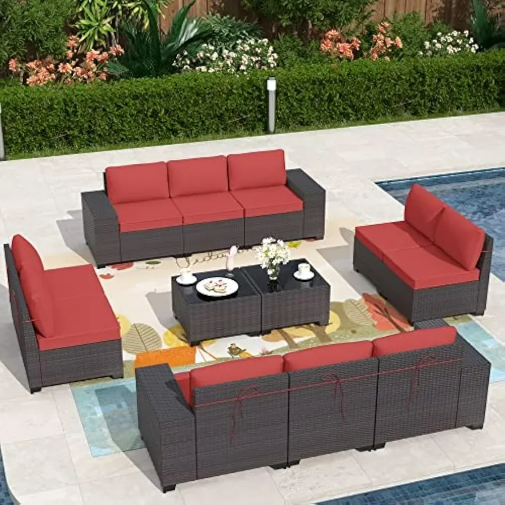 12 Pieces Outdoor Patio Furniture Set Brown PE Rattan Patio Conversation Set w/10 Rose Red Seat Cushions and 2 Coffee Tables